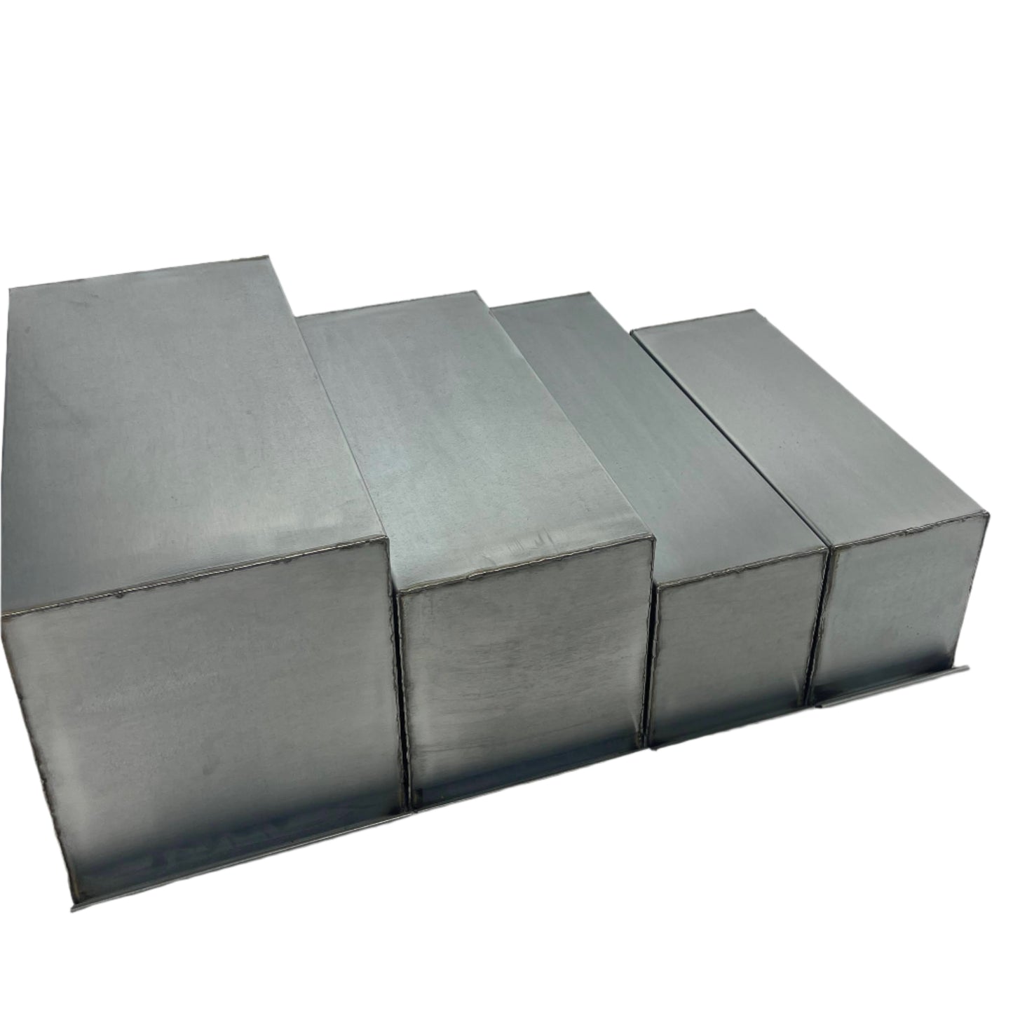 Comparing all sizes of rectangular boxes view is from top down, starting on left is Long Range Gel Mold 20L x 10W x 11H Box, Spartan Gel Mold 18L x 8W x 9H Box, Shooter Gel 20L x 6W x 7H Box, and FBI Gel 16L x 6W x 7H Box