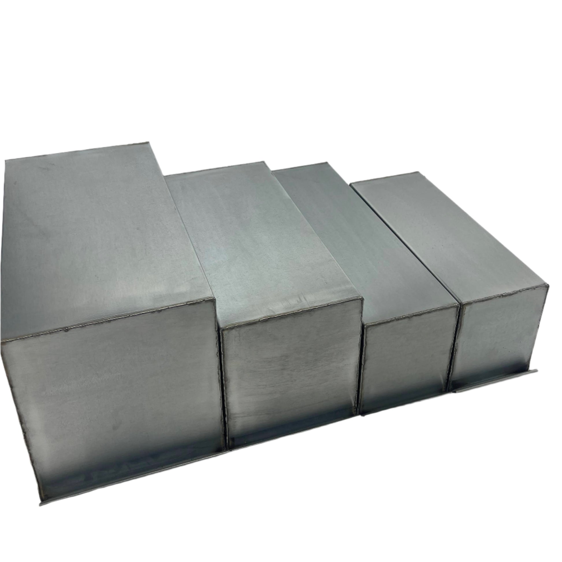 Comparing all sizes of rectangular boxes view is from top down, starting on left is Long Range Gel Mold 20L x 10W x 11H Box, Spartan Gel Mold 18L x 8W x 9H Box, Shooter Gel 20L x 6W x 7H Box, and FBI Gel 16L x 6W x 7H Box