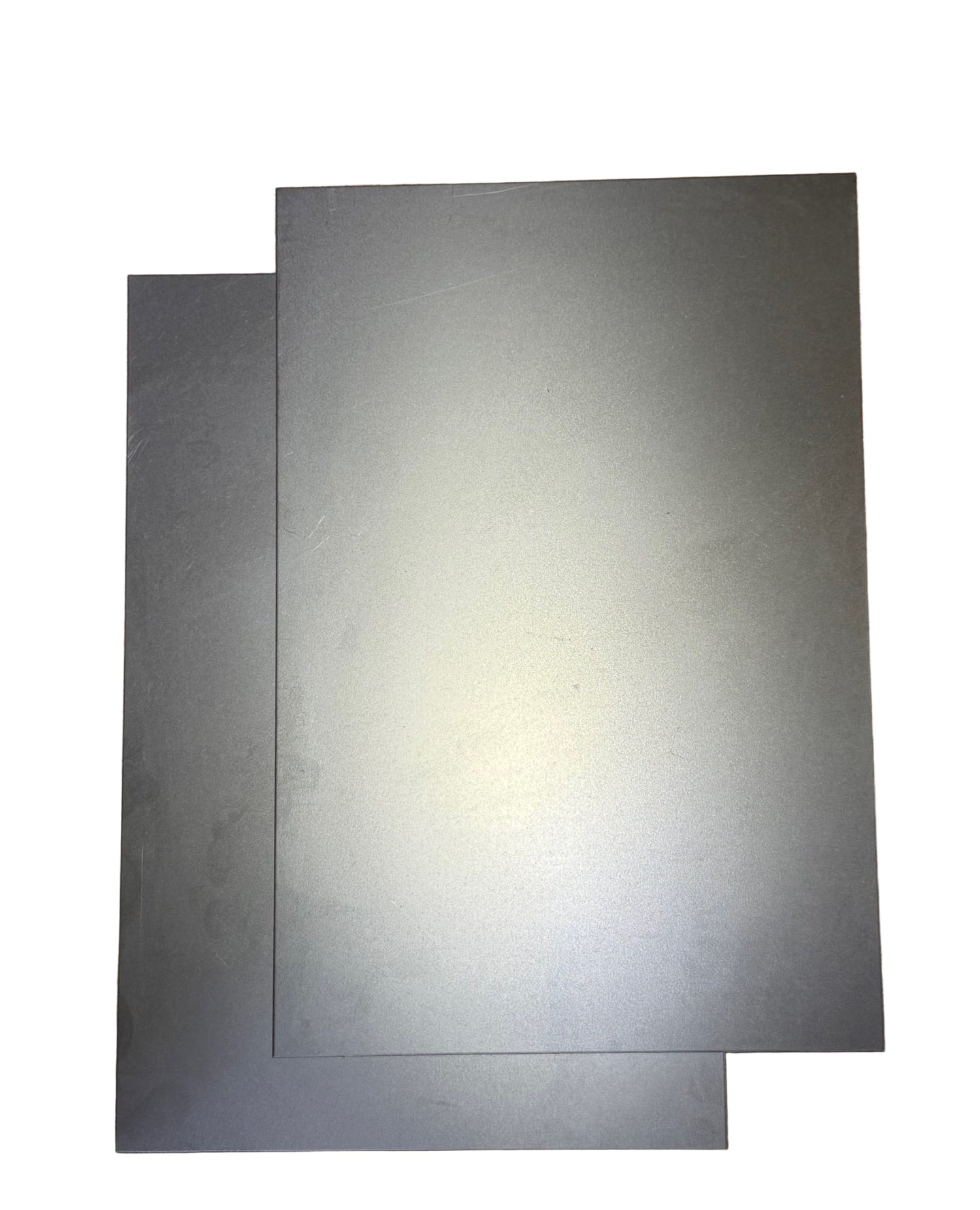 8x12 Inch Pre-Cut Cold Rolled Sheet Metal – 18 Gauge two sheets on white background in diagonal pattern