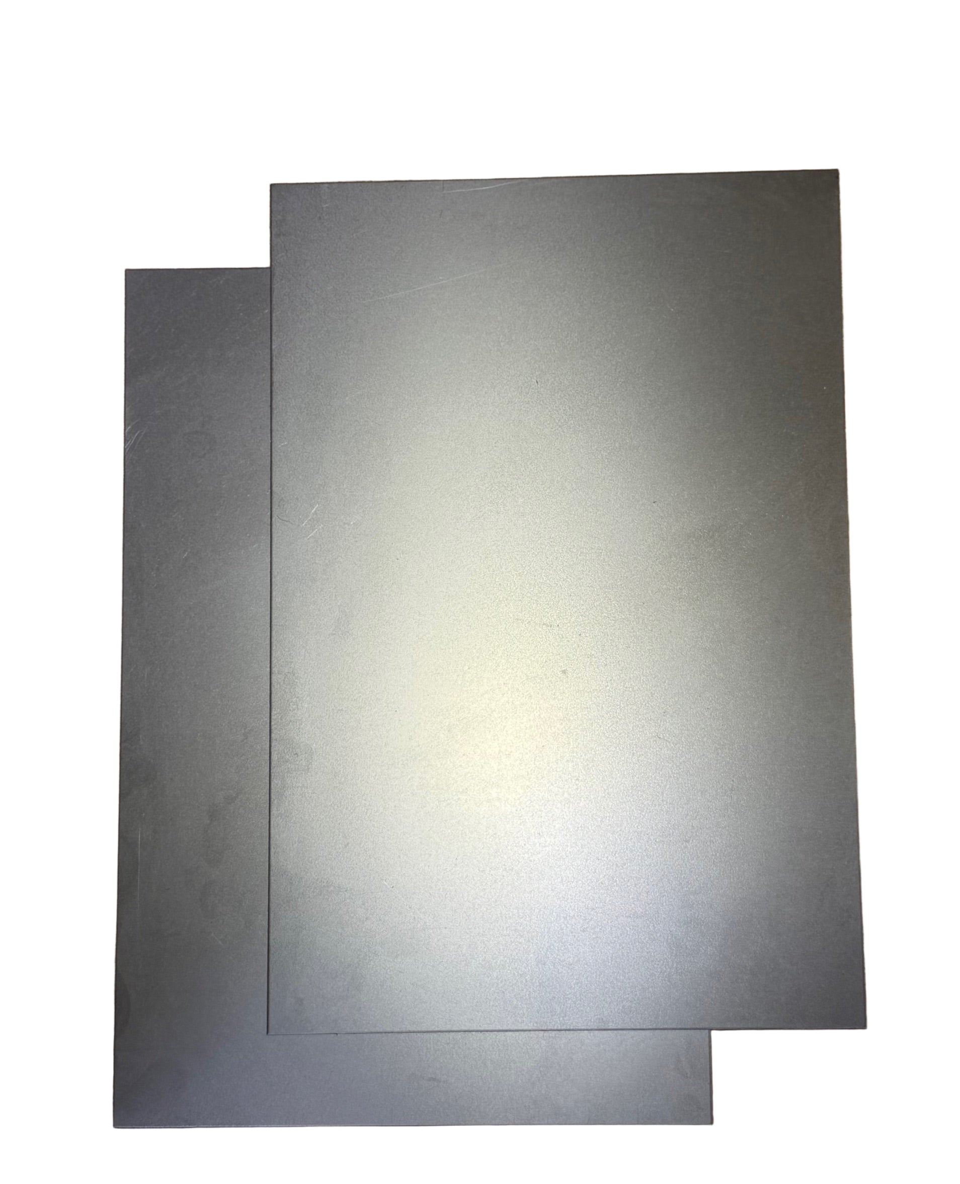 8x12 Inch Pre-Cut Cold Rolled Sheet Metal – 18 Gauge two sheets on white background in diagonal pattern