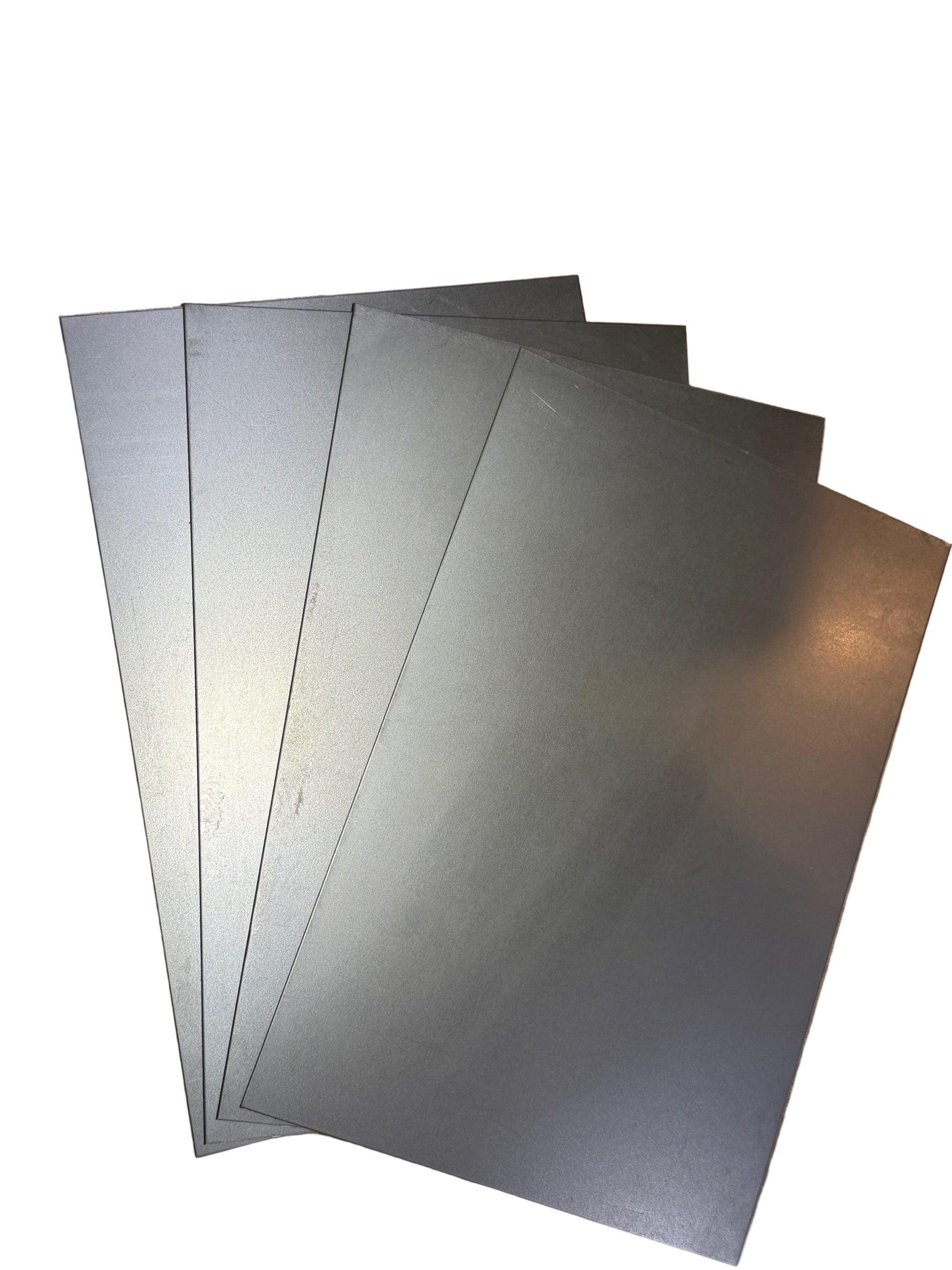 8x12 Inch Pre-Cut Cold Rolled Sheet Metal – 18 Gauge four sheets on white background in wide fan pattern