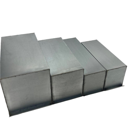 Comparing all sizes of rectangular boxes view is from top down, starting on left is Long Range Gel Mold 20L x 10W x 11H Box, Spartan Gel Mold 18L x 8W x 9H Box, Shooter Gel 20L x 6W x 7H Box, and FBI Gel 16L x 6W x 7H Box 